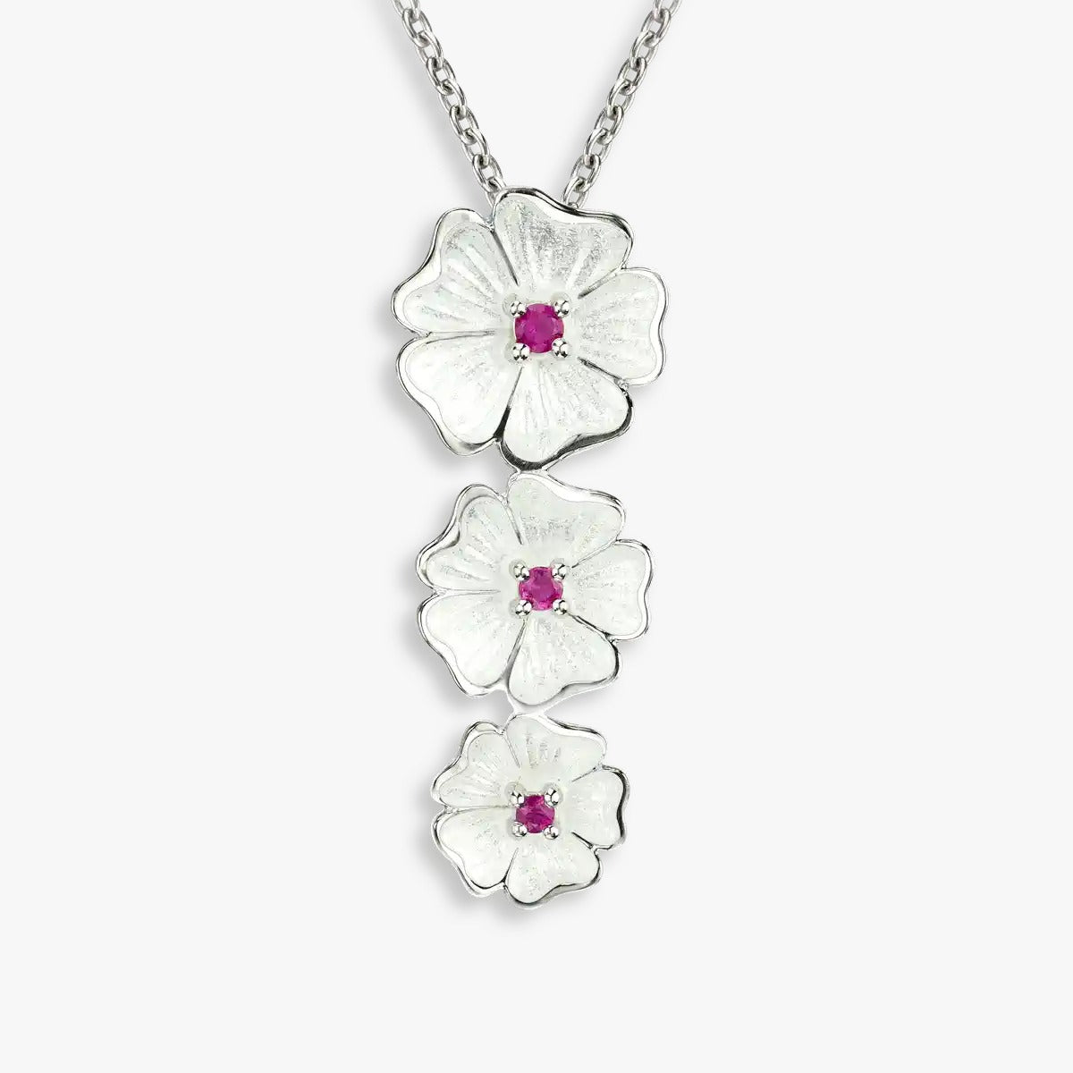 White Enamel Petals Centered Pink Rhodium  925 Cascade Chain Pendants