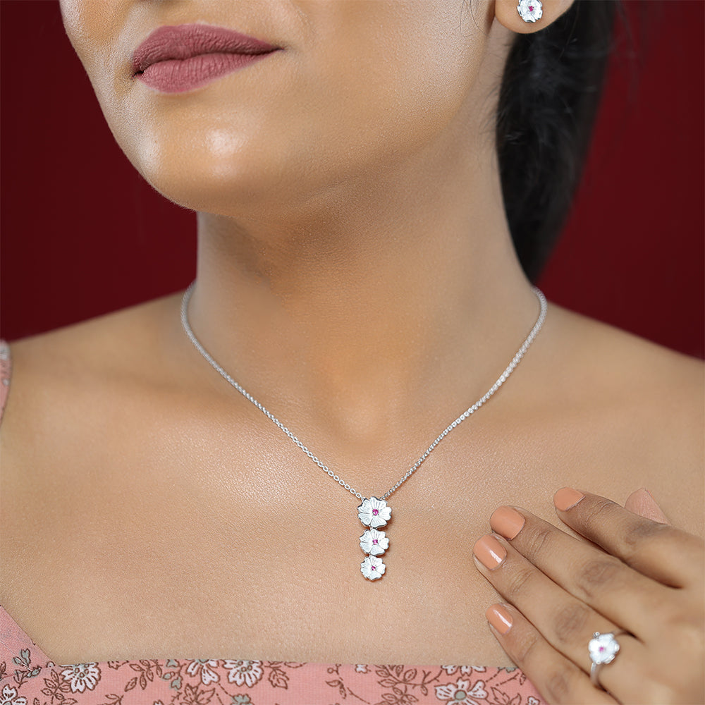 White Enamel Petals Centered Pink Rhodium Plated 925 Cascade Chain Pendants