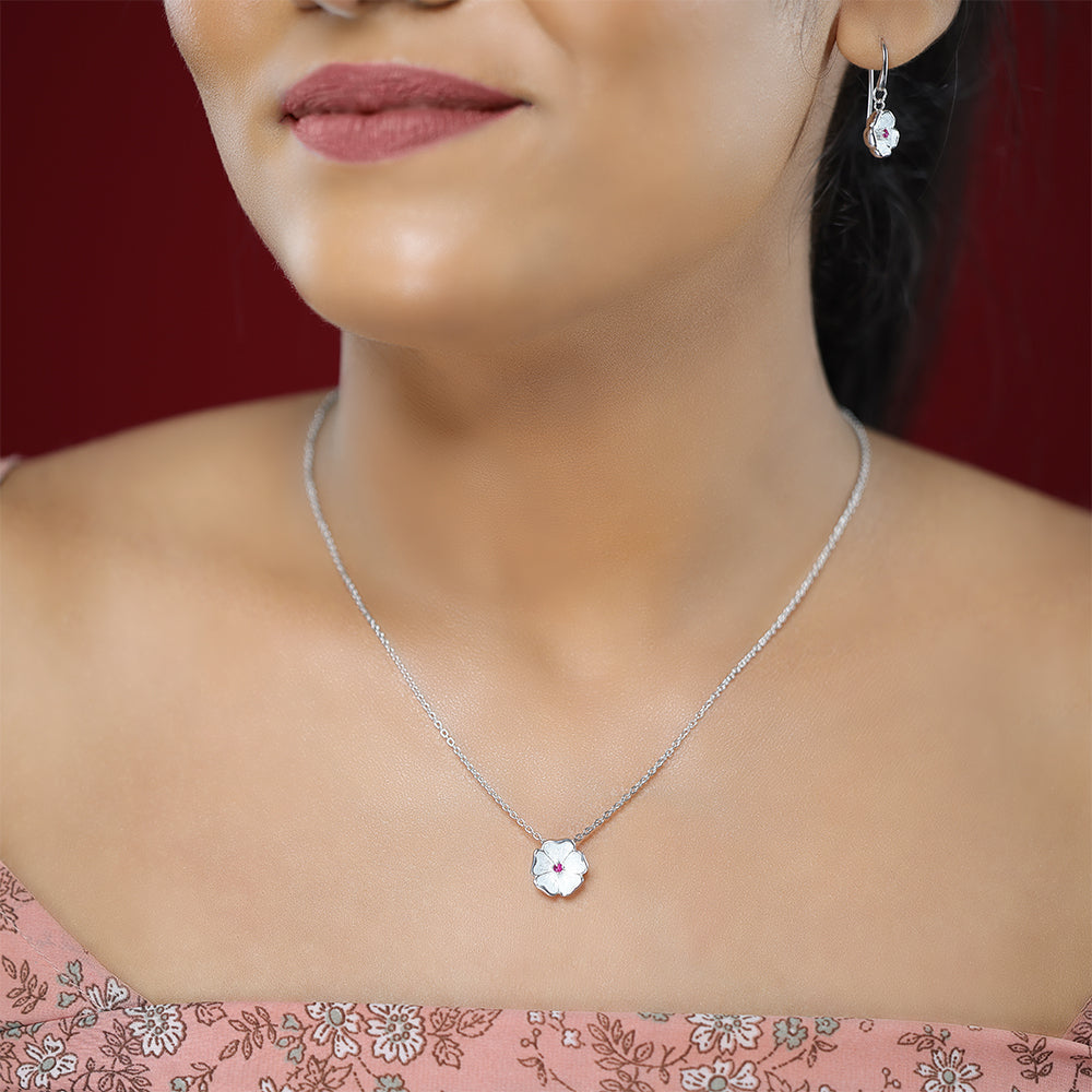 White Enamel Petals Centered Pink Rhodium Plated 925 Chain Pendants