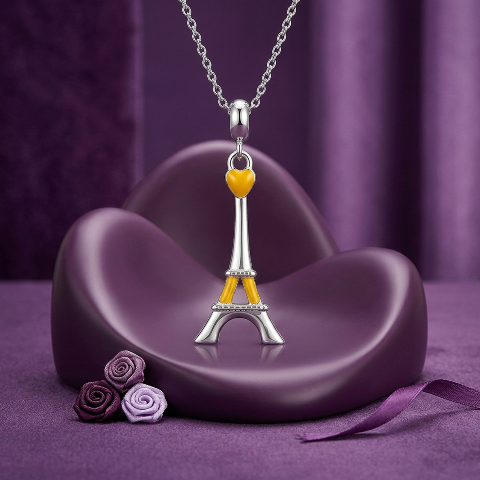 Yellow Heart Eiffel Tower 925 Sterling Silver Charm Pendant