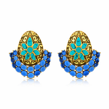 Floral Bee Golden 925 Sterling Silver Heritage Blue Stud Earrings Vendi Select