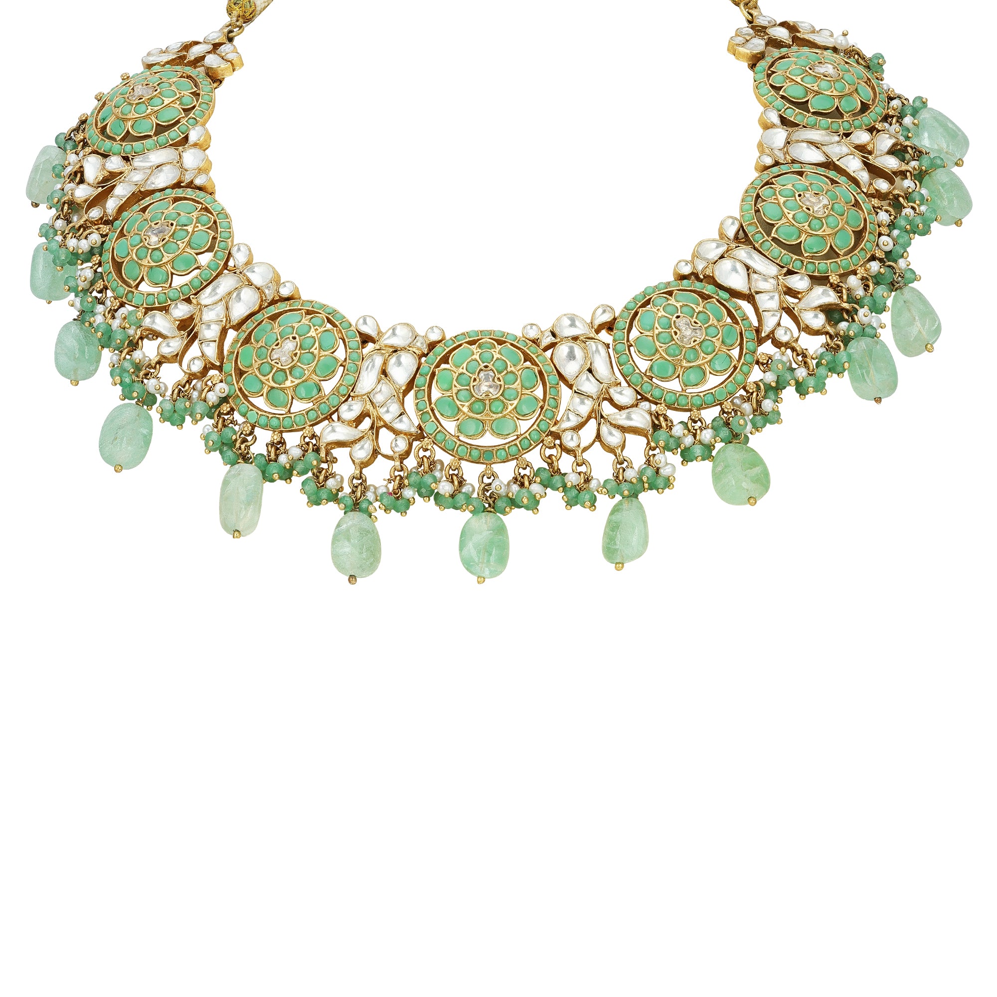 Mint Green Meenakari Kundan 925 Sterling Silver Choker Necklace with Polki and Emerald Drop Detailing for Women
