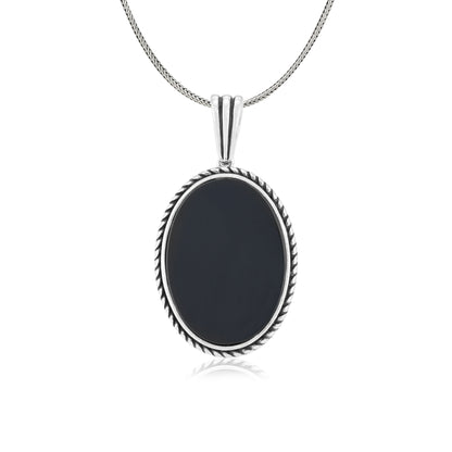 Rope Edge Oval Black Agate Oxidised Pendant