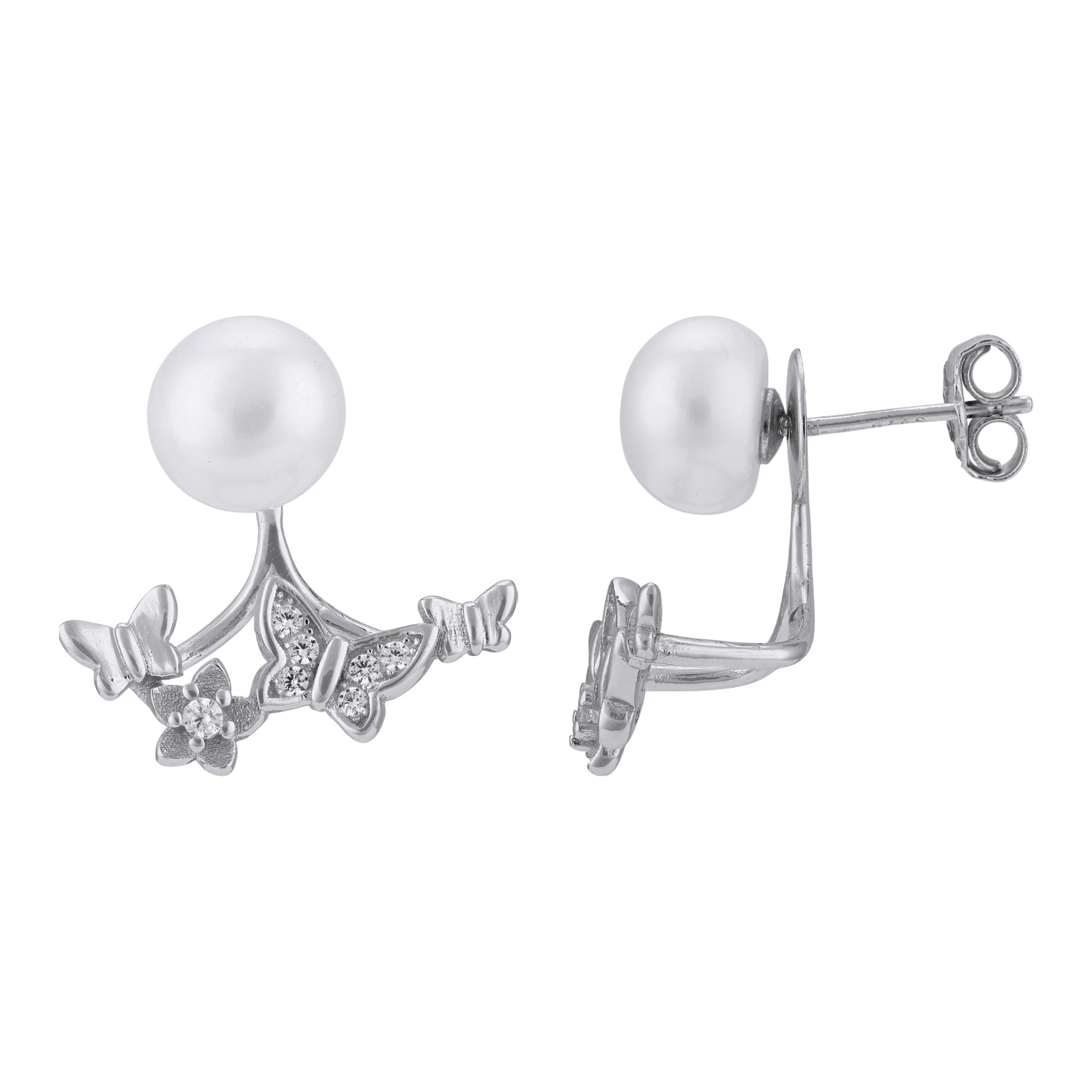 925 Sterling Silver Triple Butterfly Pearl Floral Accent Earrings for Women