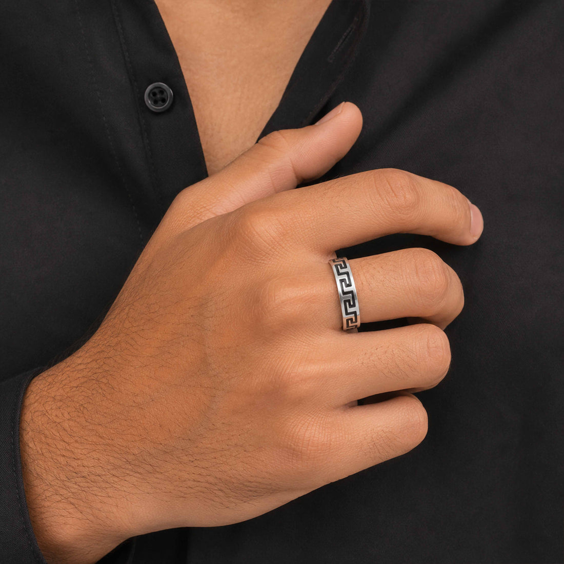 Bold Oxidized Meander Band 925 Sterling Silver Ring for Men