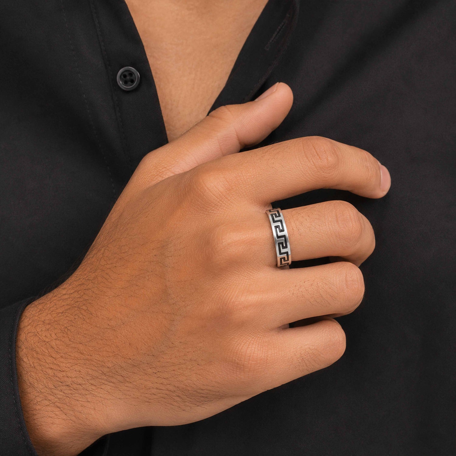 Bold Oxidized Meander Band 925 Sterling Silver Ring for Men