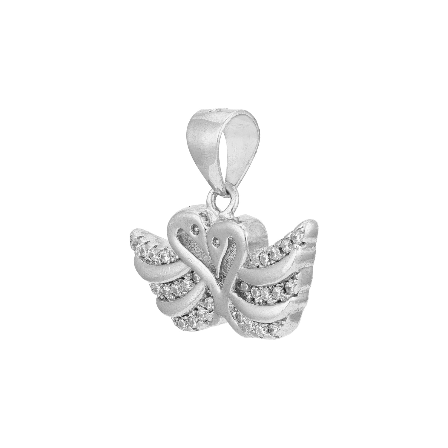 Silver butterfly pendant with clear stones on a white background