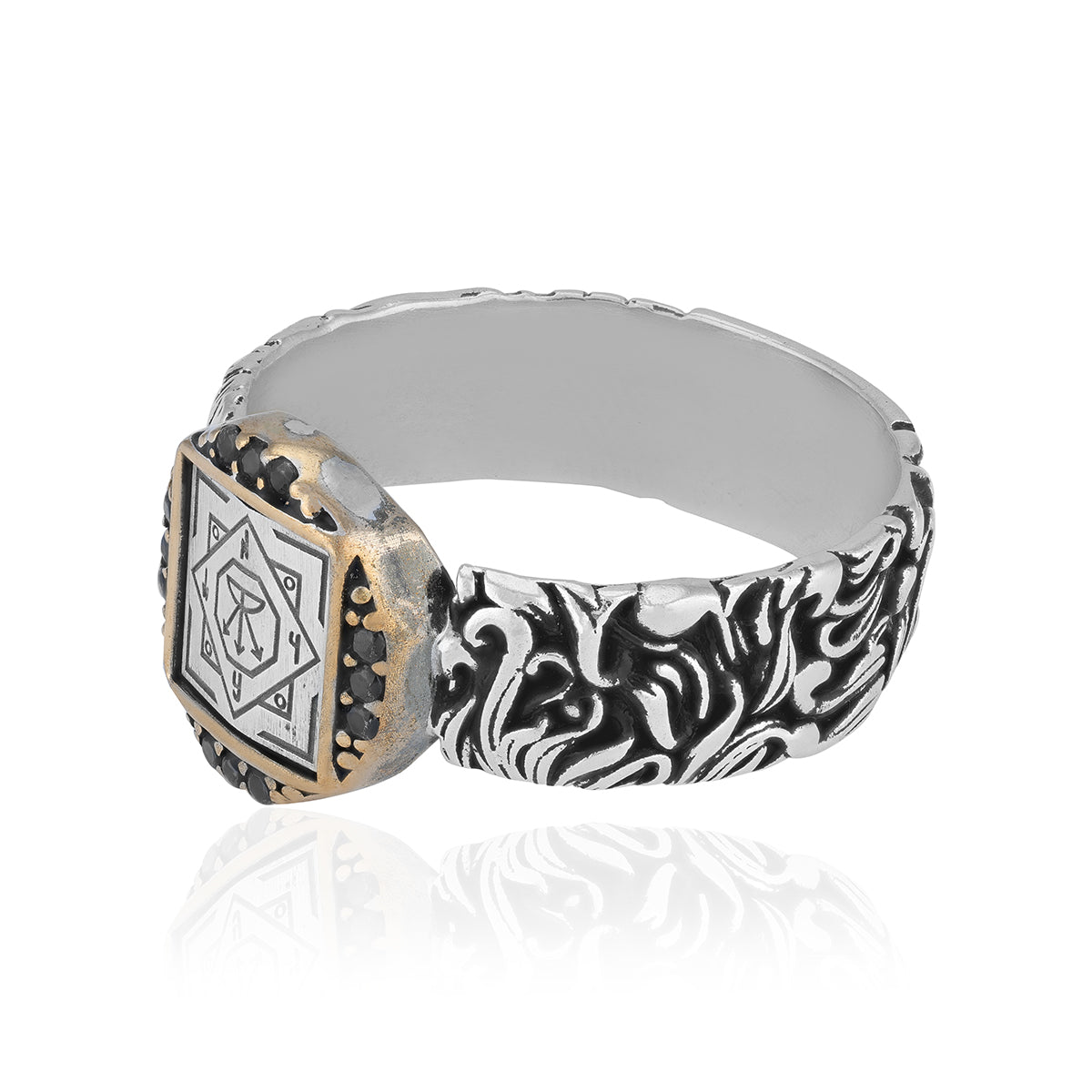 925 Sterling Silver Vedic Seal Shield Rhodium Plated Ring for Men