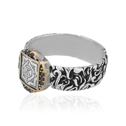 925 Sterling Silver Vedic Seal Shield Rhodium Plated Ring for Men