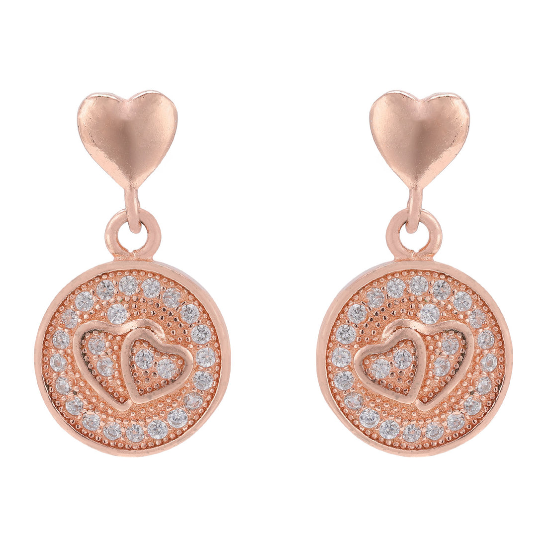 925 Sterling Silver Romantic Duo Heart Disc Rose Gold Plated Earrings for Women