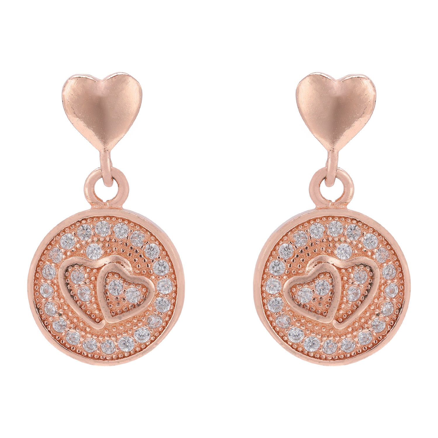 925 Sterling Silver Romantic Duo Heart Disc Rose Gold Plated Earrings for Women