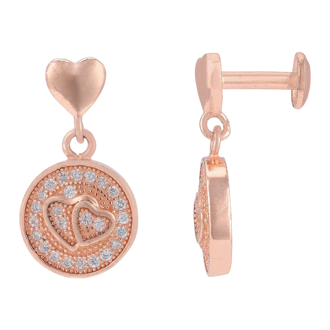 925 Sterling Silver Romantic Duo Heart Disc Rose Gold Plated Earrings for Women