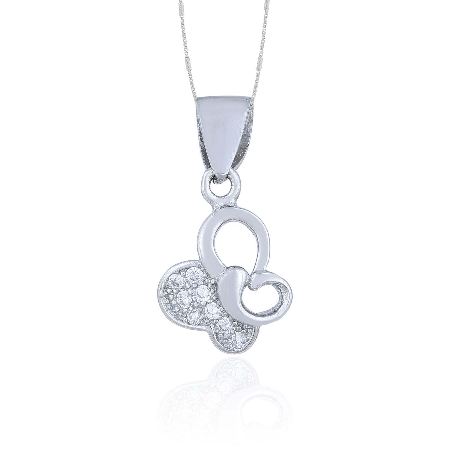Silver necklace with a heart-shaped pendant on a white background