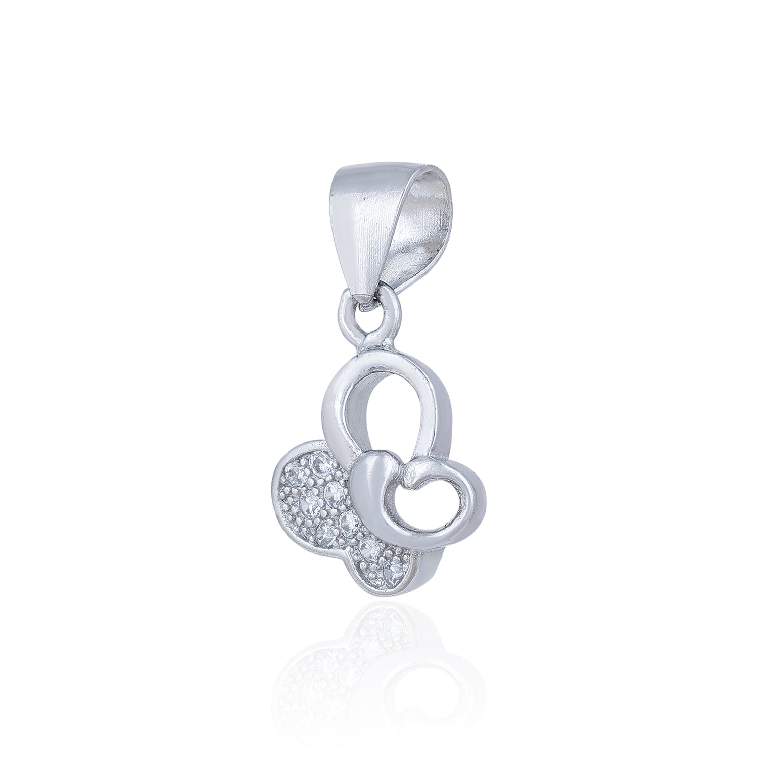 Silver pendant with heart design on a white background