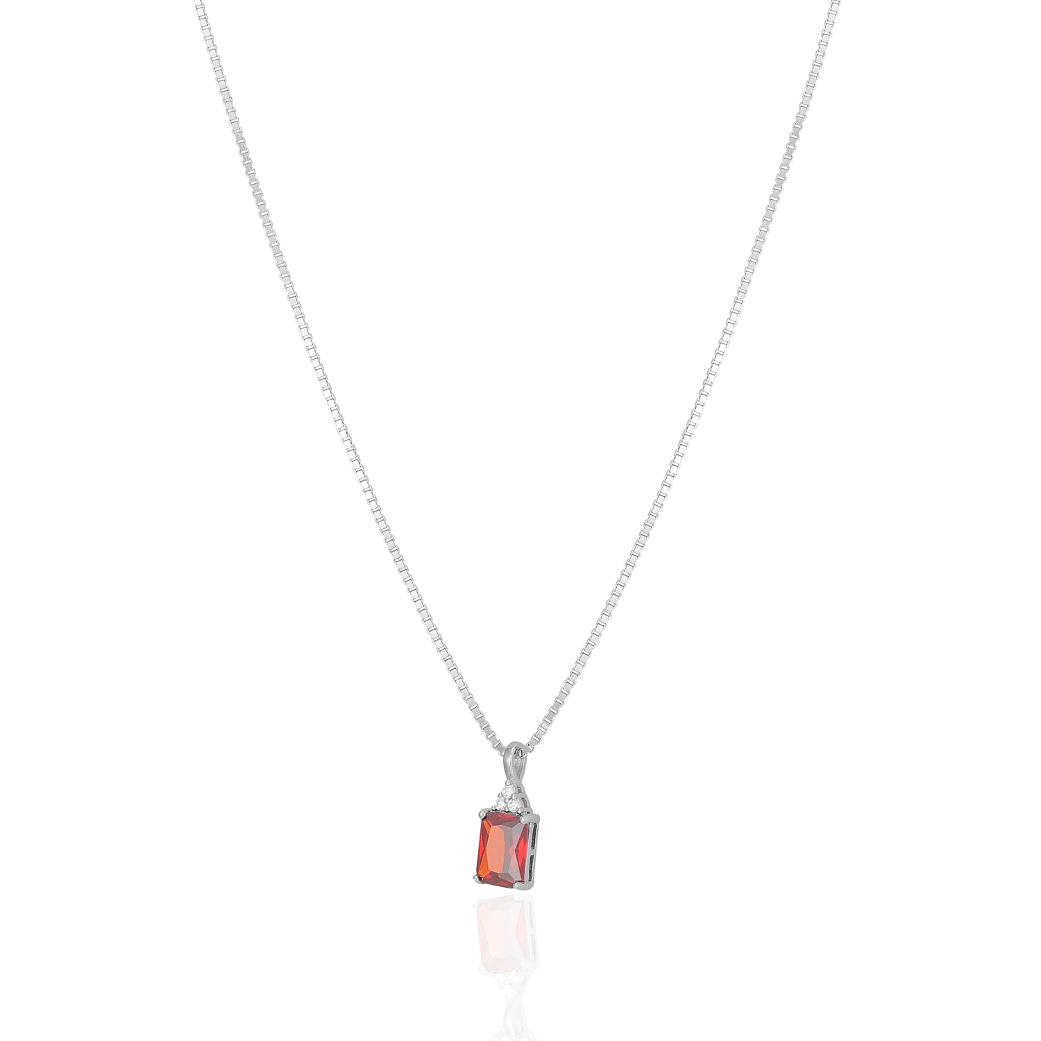 925 Sterling Silver January Month Square Red Garnet Birthstone Chain Pendant For Women
