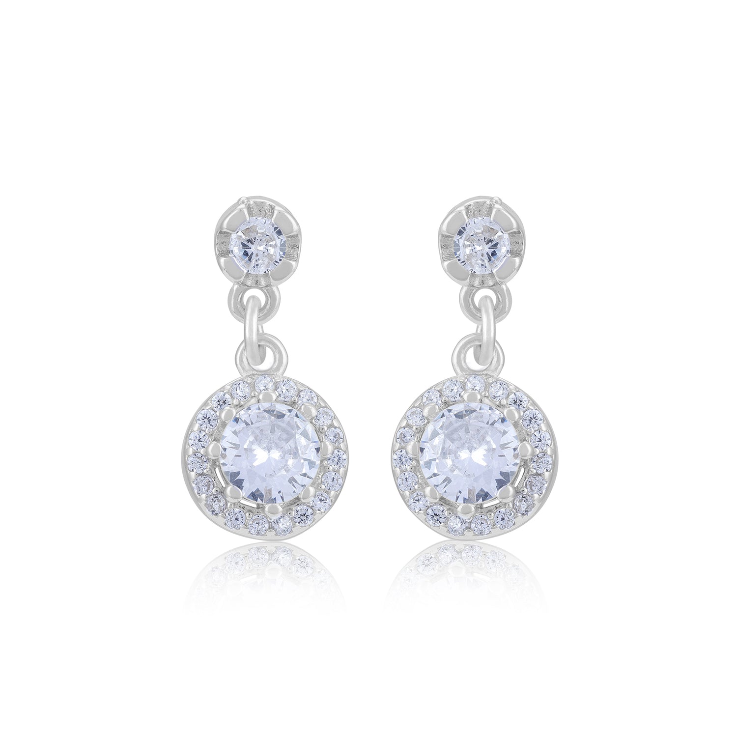 92.5 Sterling Silver Round Pave And Halo Drop Earrings For Women