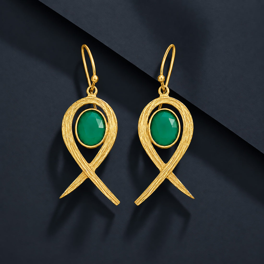 925 Gold Plated Green Stone Studded Drop Earring