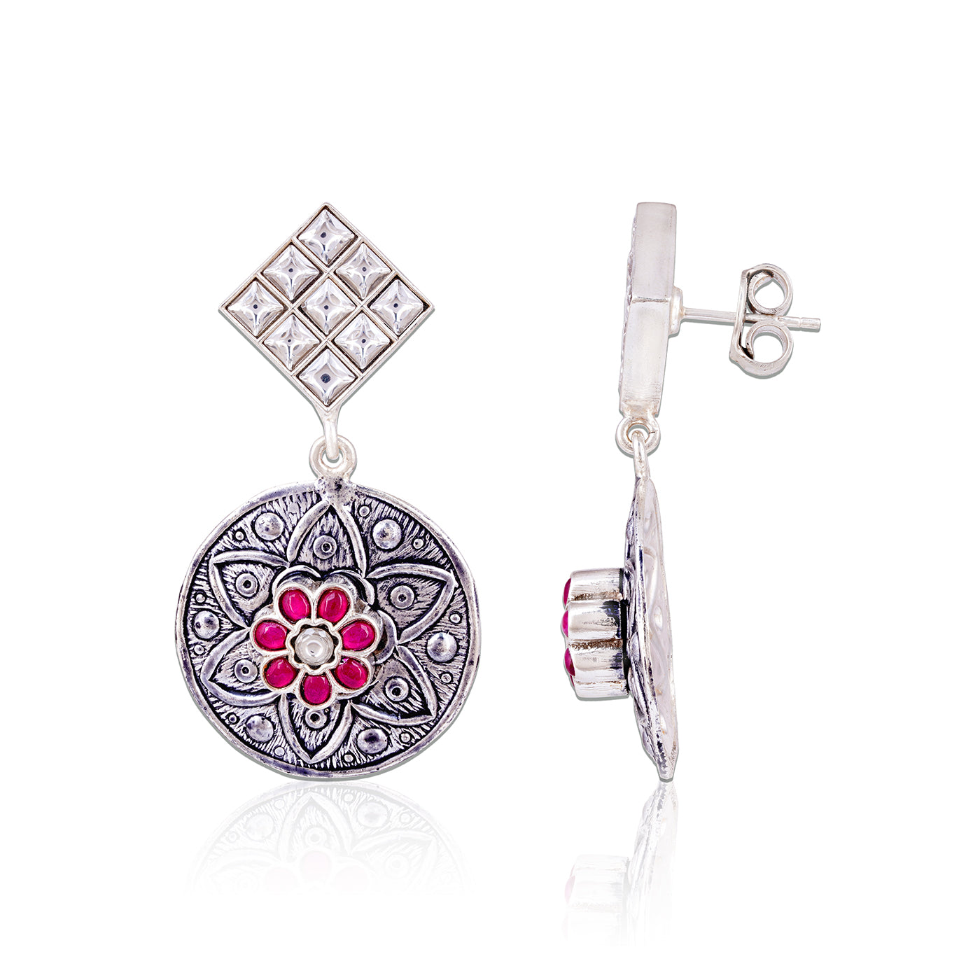 925 Sterling Silver Antique Red Polki Earrings for Women
