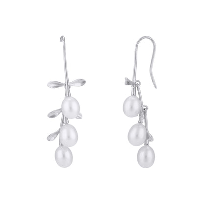 925 Sterling Silver Minimalist Leaf Stalk Cascading Pearls Earrings for Women
