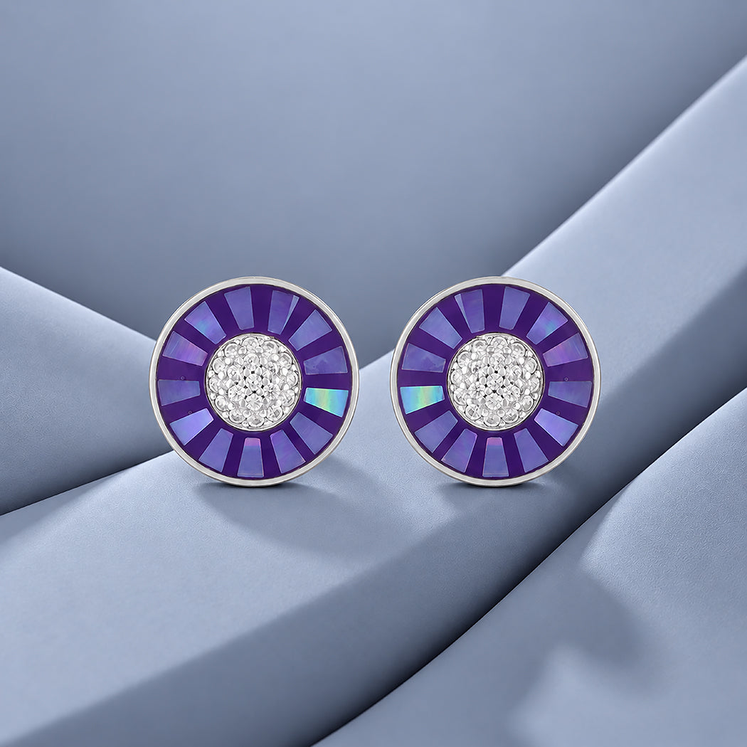 925 Sterling Silver Purple Shine Wheel Rhodium Plated Earrings