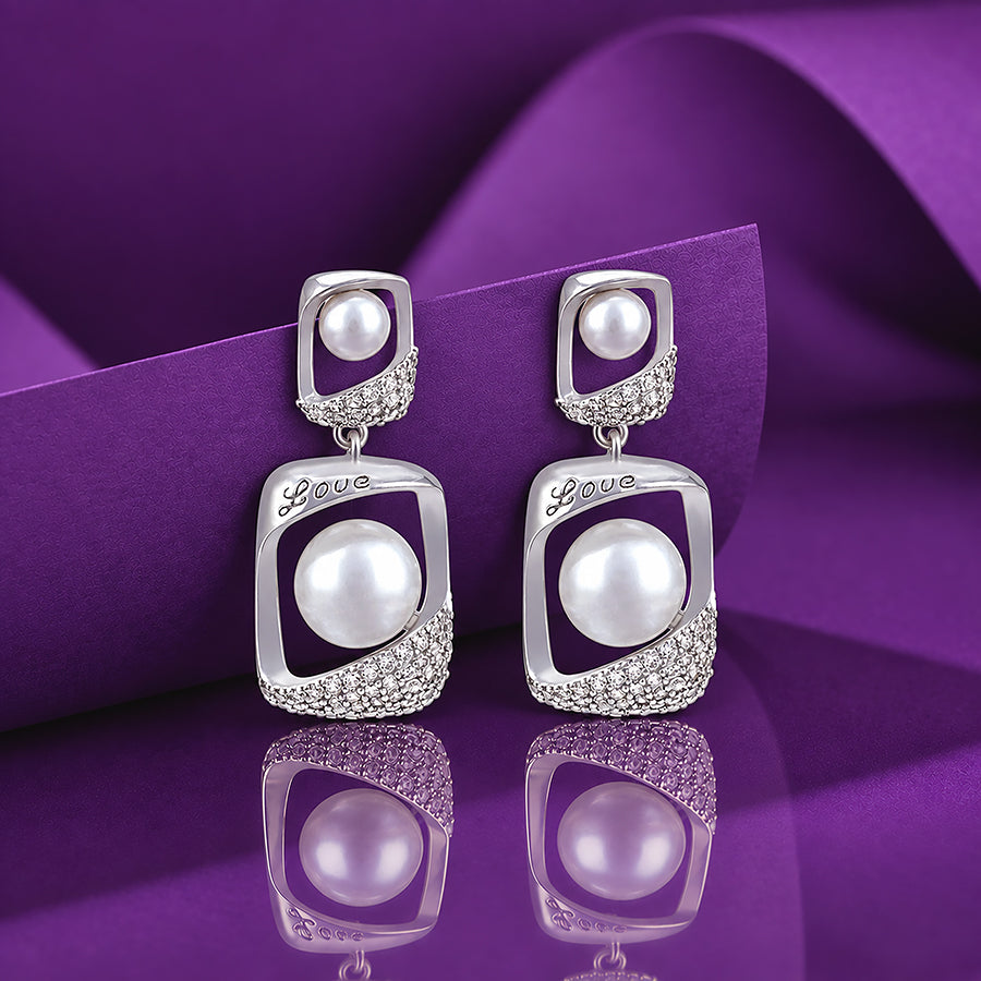 925 Sterling Silver Rectangular Drop with Double Pearl and &