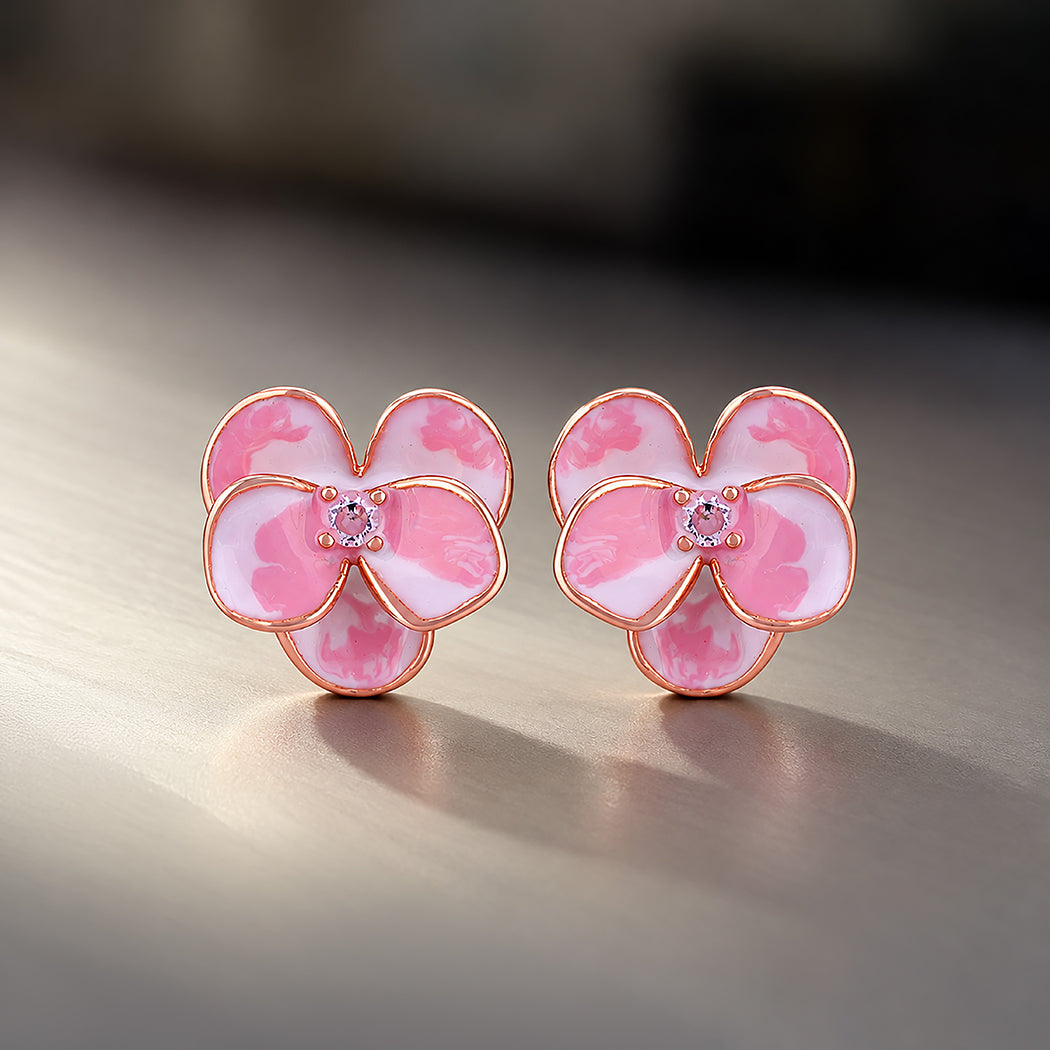 925 Sterling Silver Rose Gold Plated Pink Floral Stud