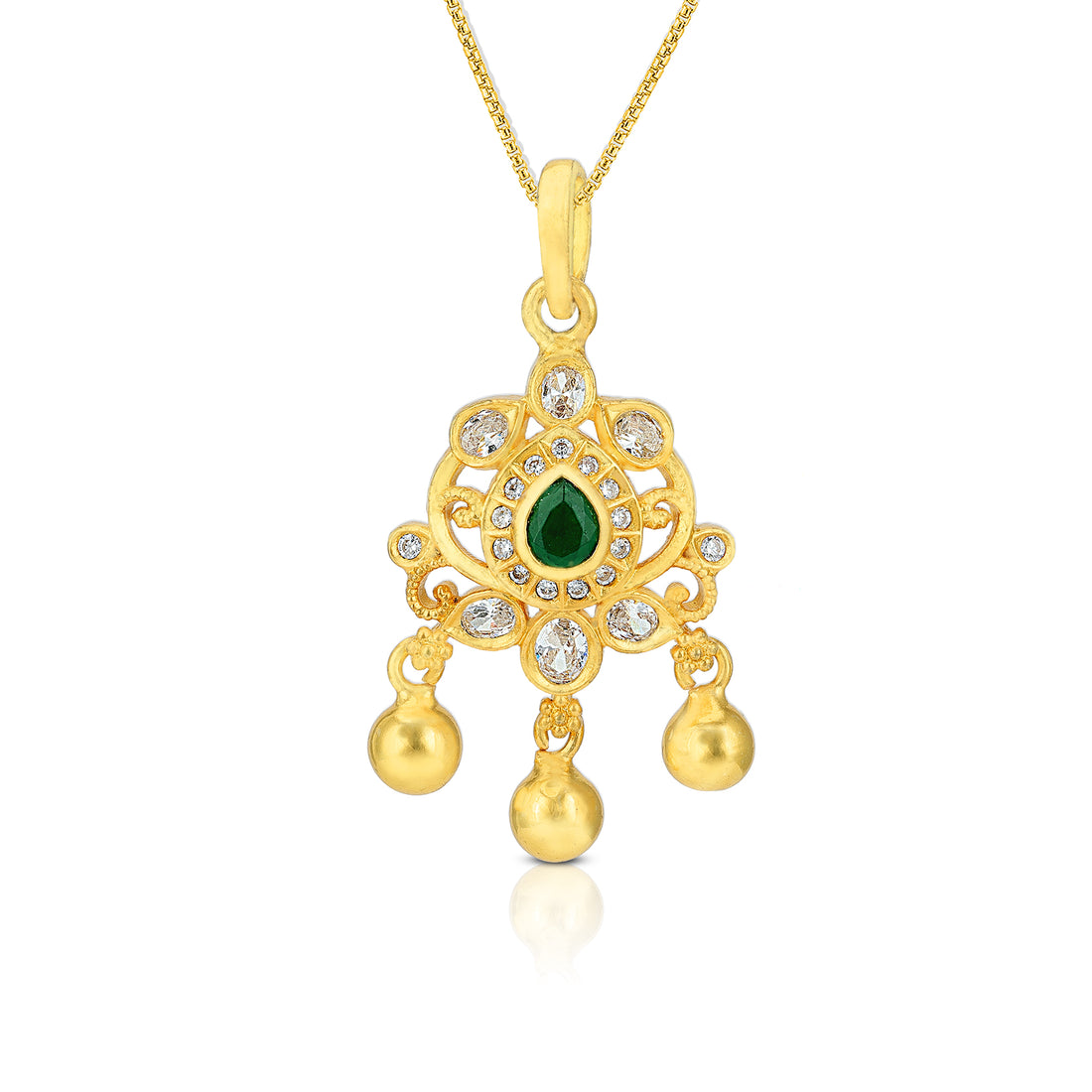 925 Sterling Silver Tear Drop Emerald Centre Dangling Gold Beads Pendant For Women