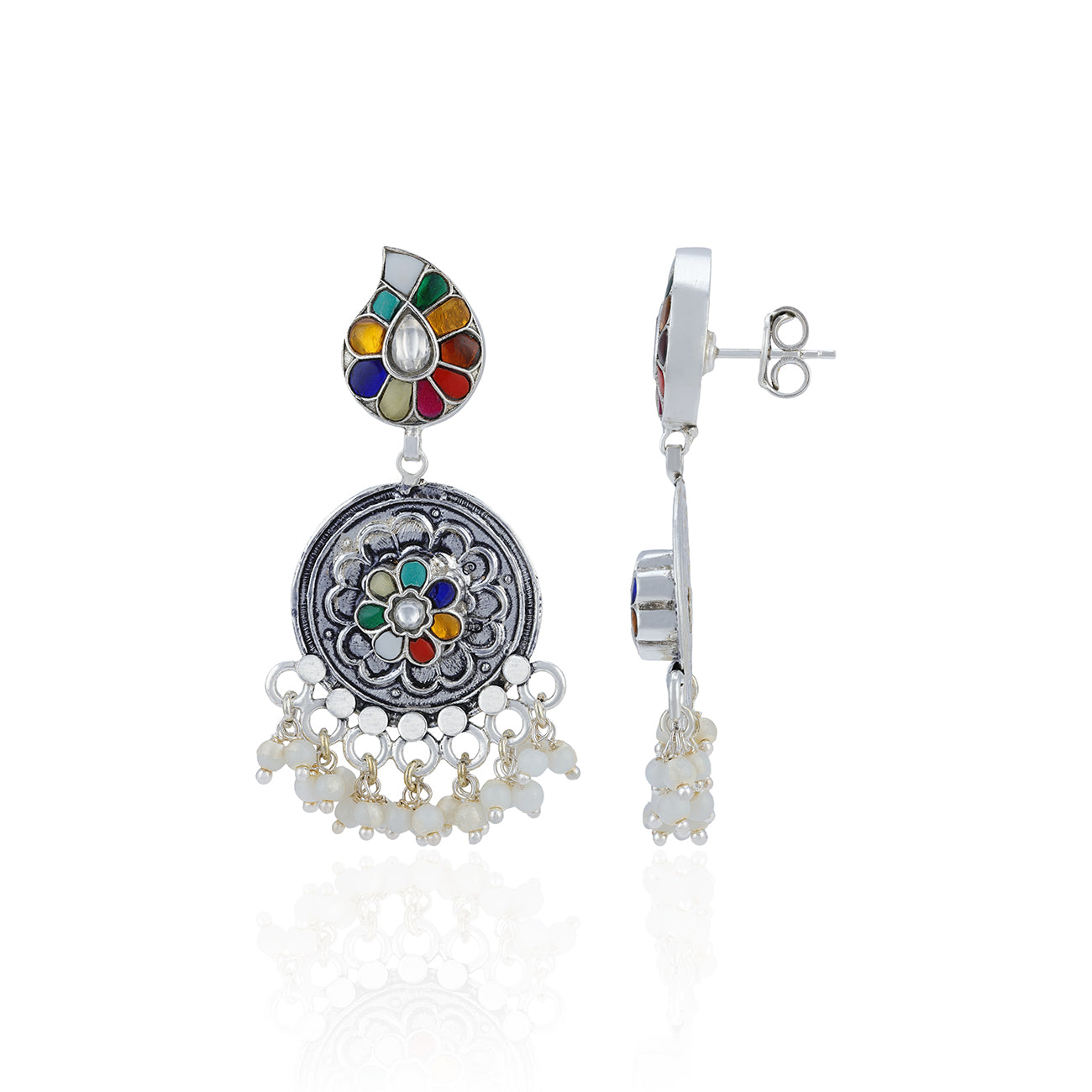 925 Sterling Silver Vibrant Floral Pearl Dangle Earrings