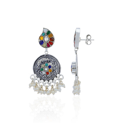 925 Sterling Silver Vibrant Floral Pearl Dangle Earrings