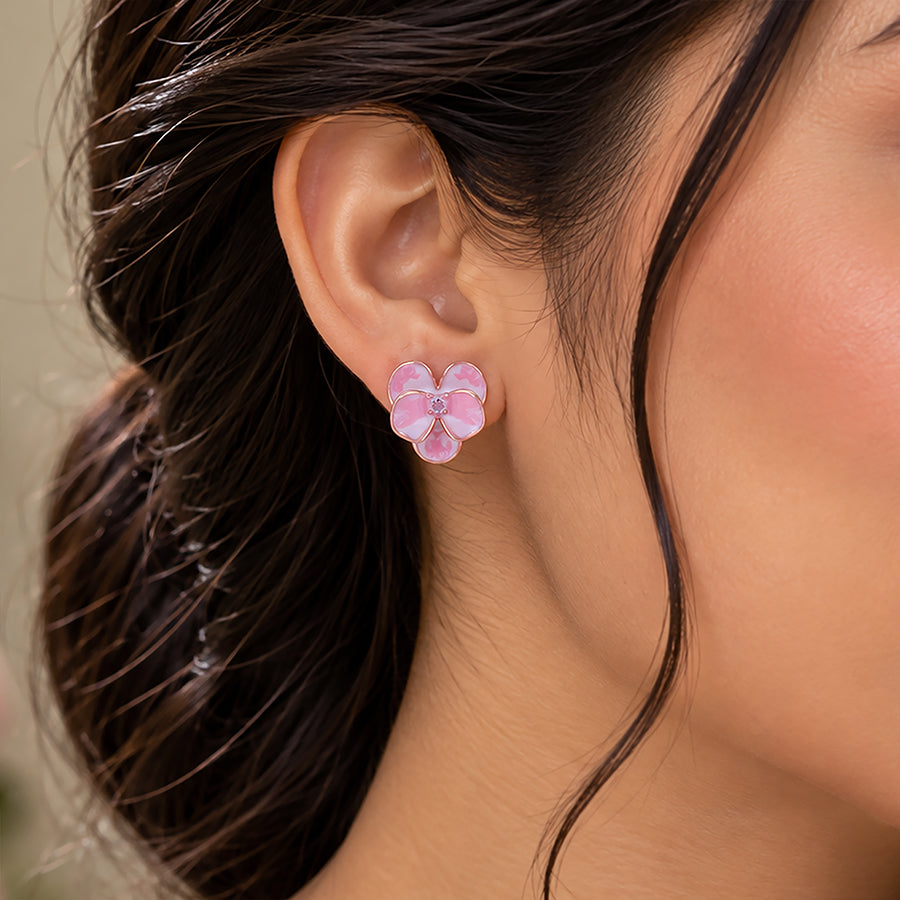 925 Sterling Silver Rose Gold Plated Pink Floral Stud