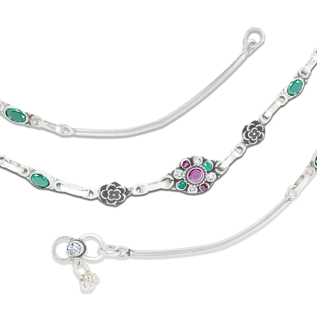 925 Sterling Silver Antique Floral Green and Ruby Accents Anklet for Women