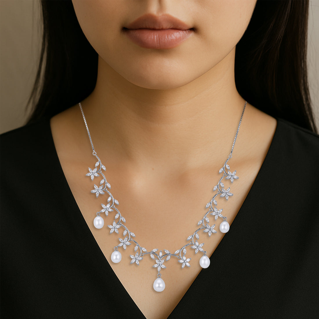 925 Sterling Silver Blooming Pearl Drop  Intricate Leafy Vines Necklace for Women