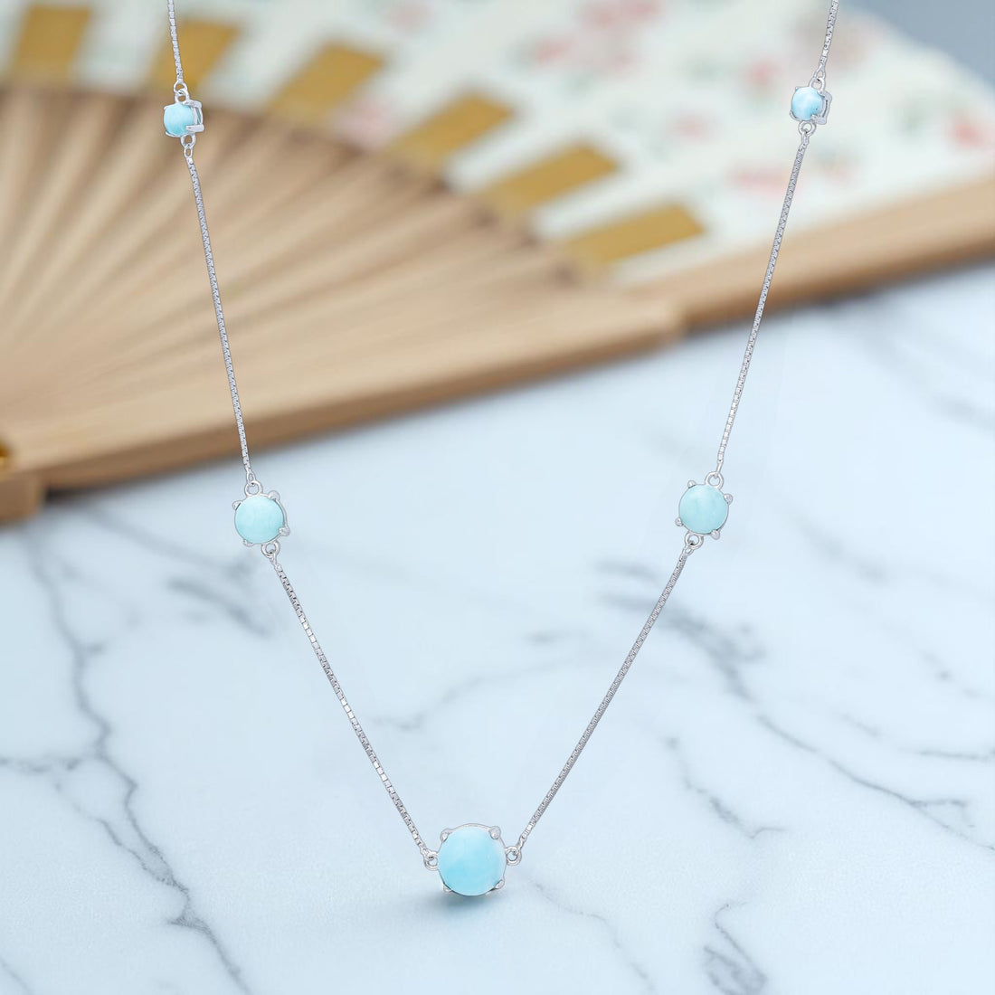 925 Sterling Silver Blue Larimar Layered Station Necklace for Women