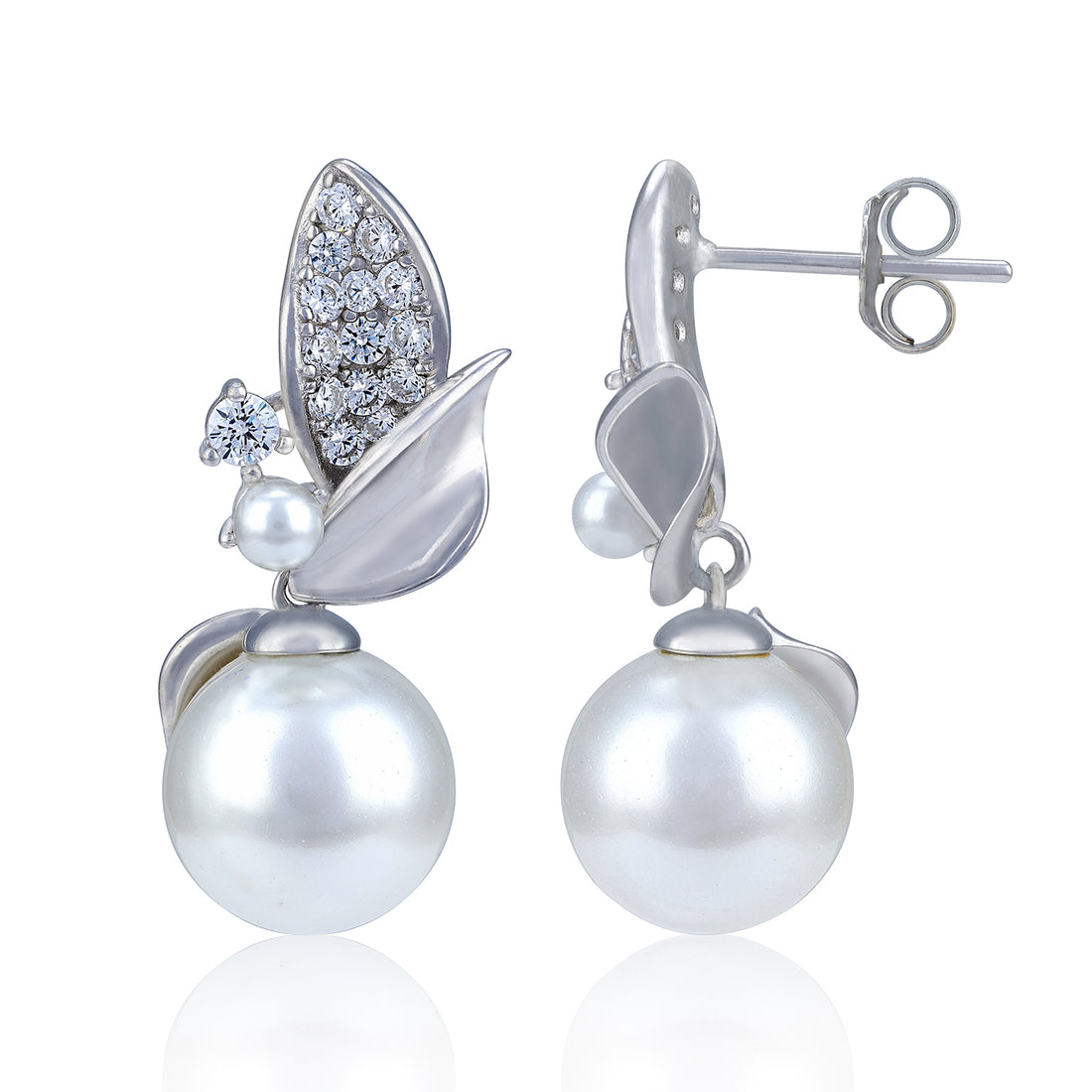 925 Sterling Silver Botanical Leaf Motif with Large Pearl Earring for Women