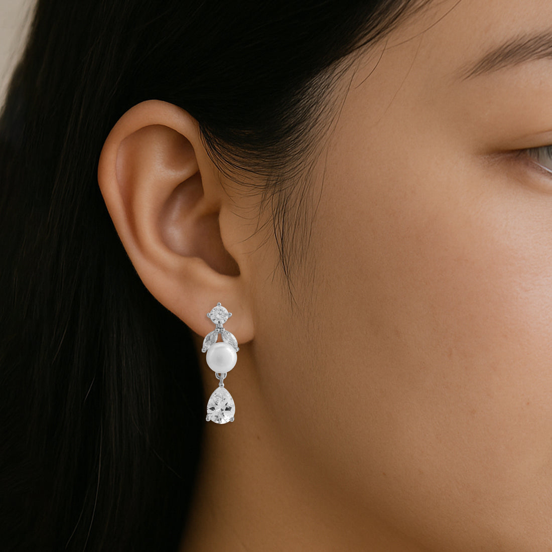 925 Sterling Silver Crystal-Embellished Pearl Drop Earrings for Women