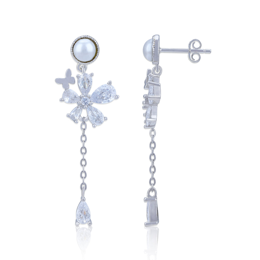 925 Sterling Silver Crystal Flower with Pearl Stud and Dangling Teardrop Earring for Women