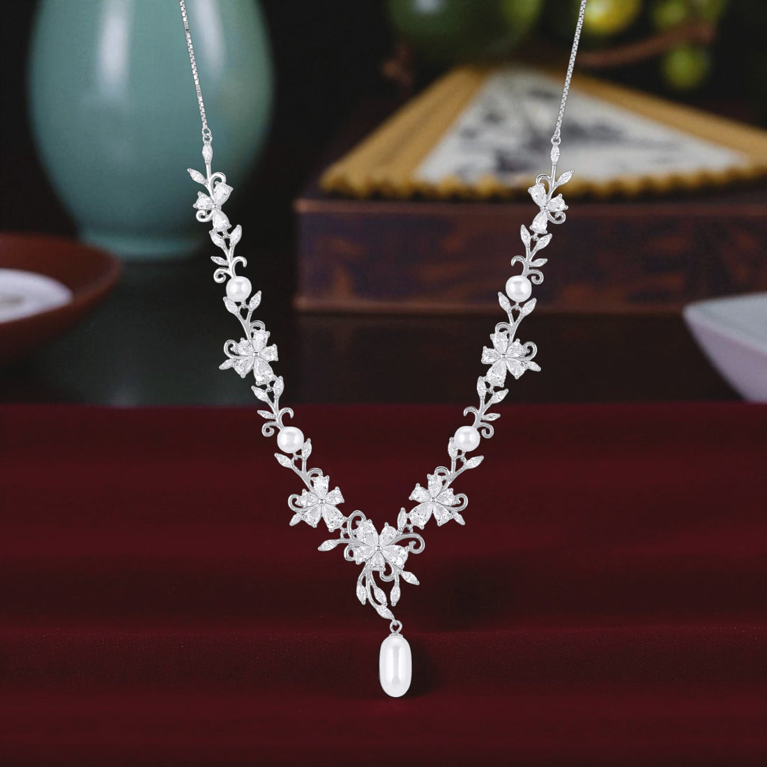 925 Sterling Silver Crystal Vine Teardrop Pearl Necklace for Women