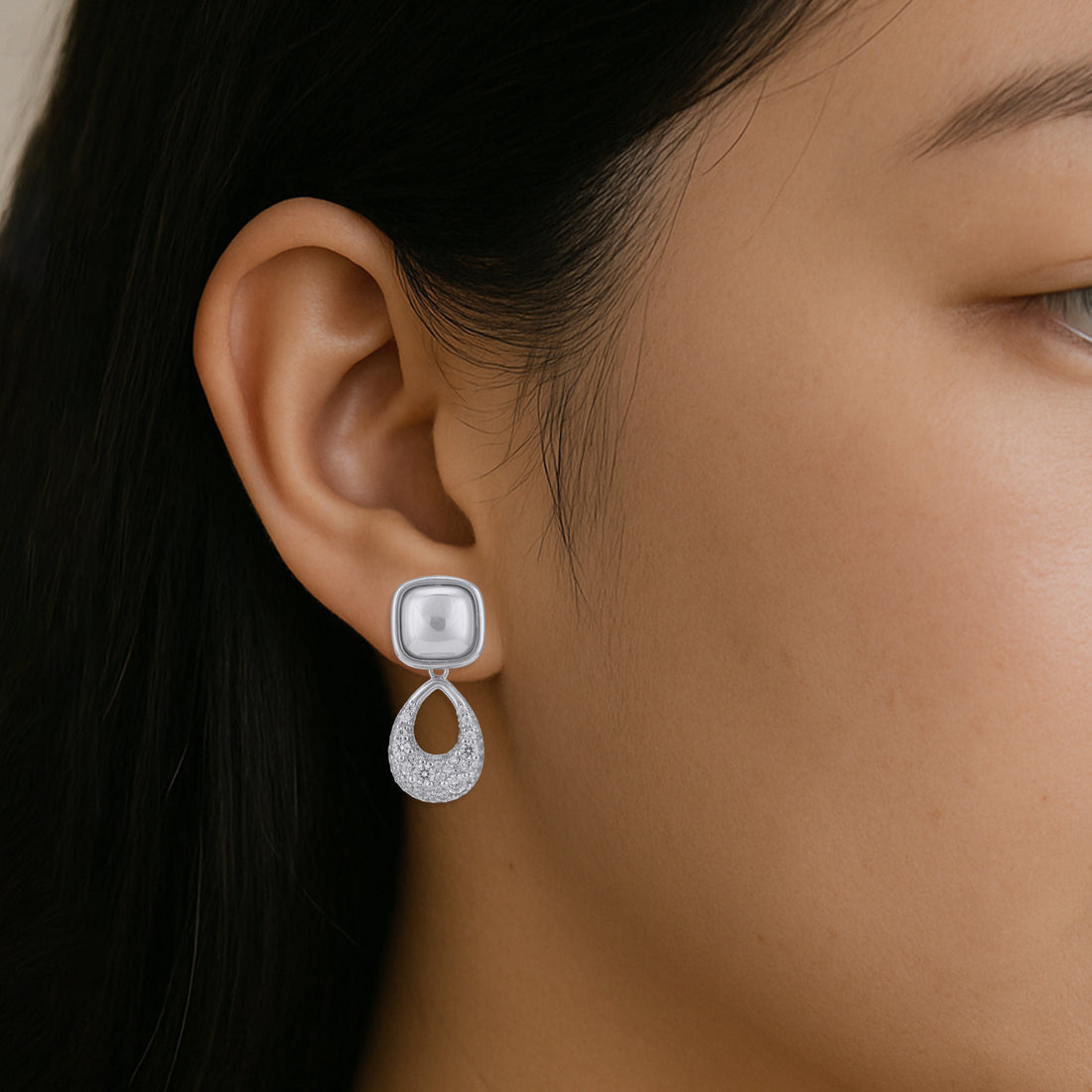 925 Sterling Silver Cushion-Cut Moonstone Pave Crystal Teardrop Dangle Earrings for Women