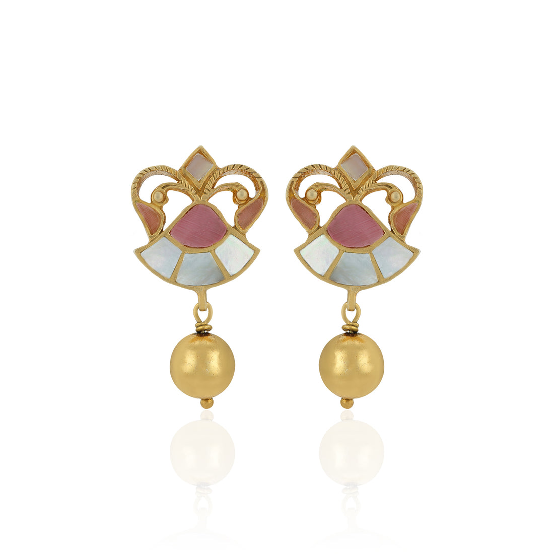 Pair of gold earrings with pink and white gemstones on a white background
