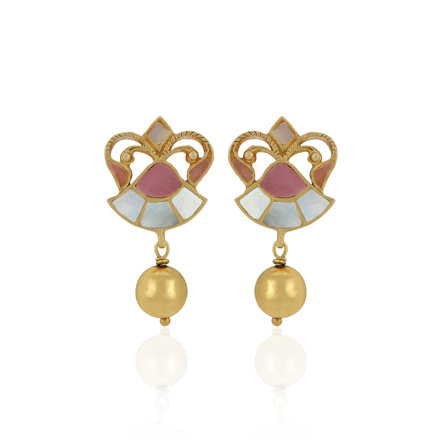 Pair of gold earrings with pink and white gemstones on a white background