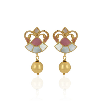 Pair of gold earrings with pink and white gemstones on a white background