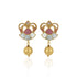 Pair of gold earrings with pink and white gemstones on a white background