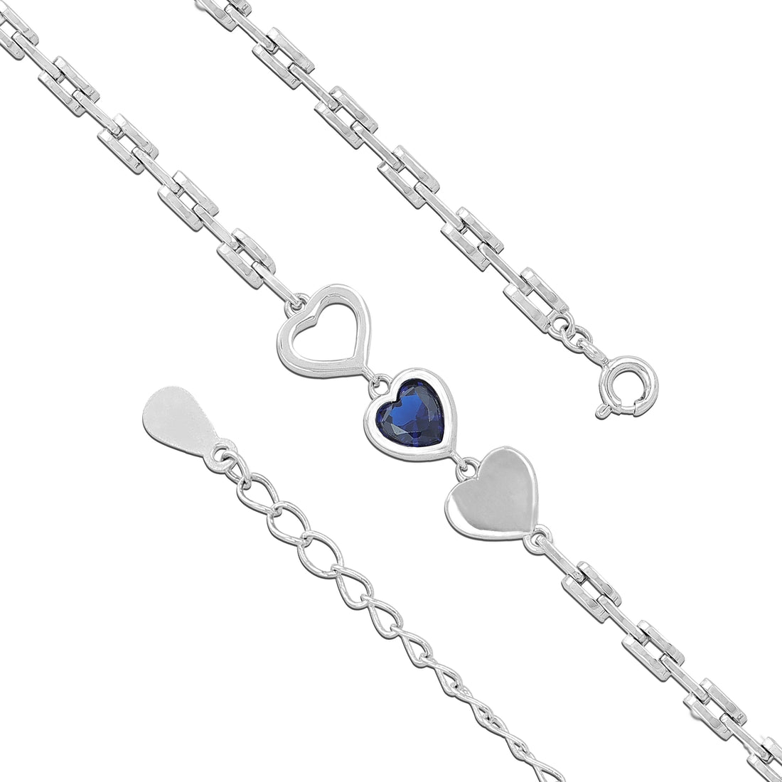 925 Sterling Silver Delicate Blue Heart and Disc Linked Chain Bracelet for Women
