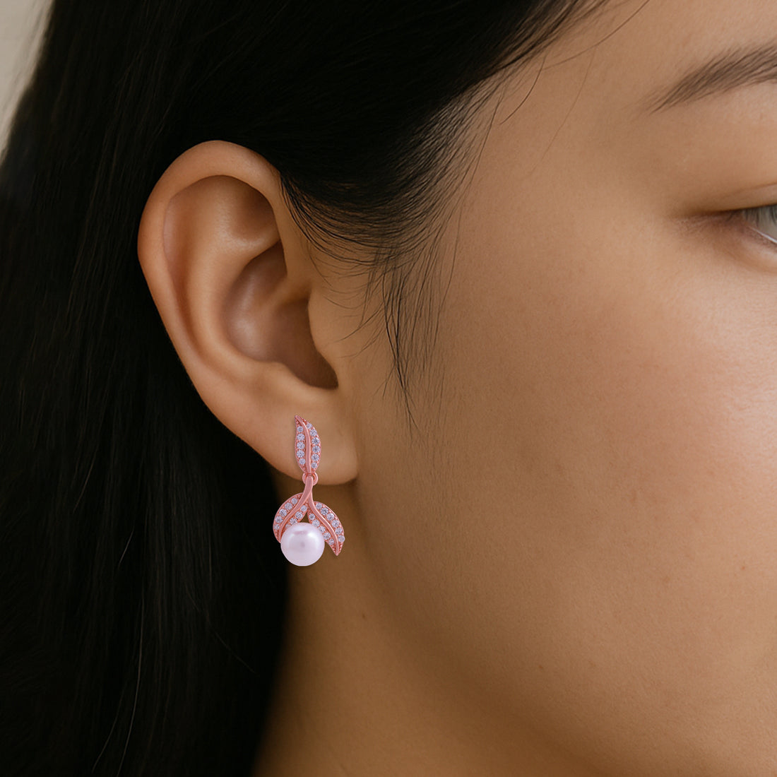925 Sterling Silver Delicate Leaf Motif Rose Gold Centered Pearl Earrings for Women
