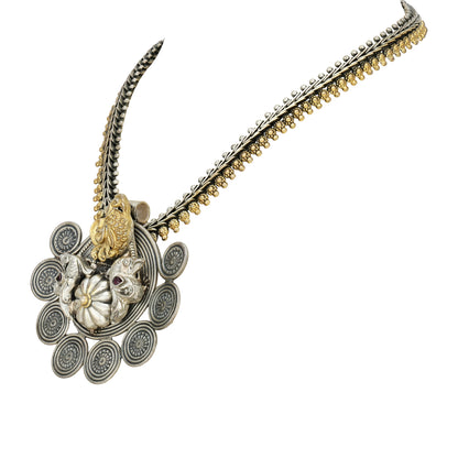 Close-up of Dual-Tone Peacock Motif and Engraved Design on 925 Silver Necklace