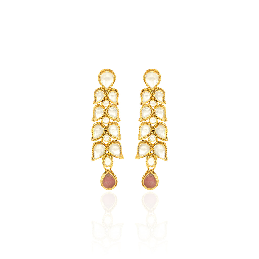 Gold earrings with pearl-like stones on a white background