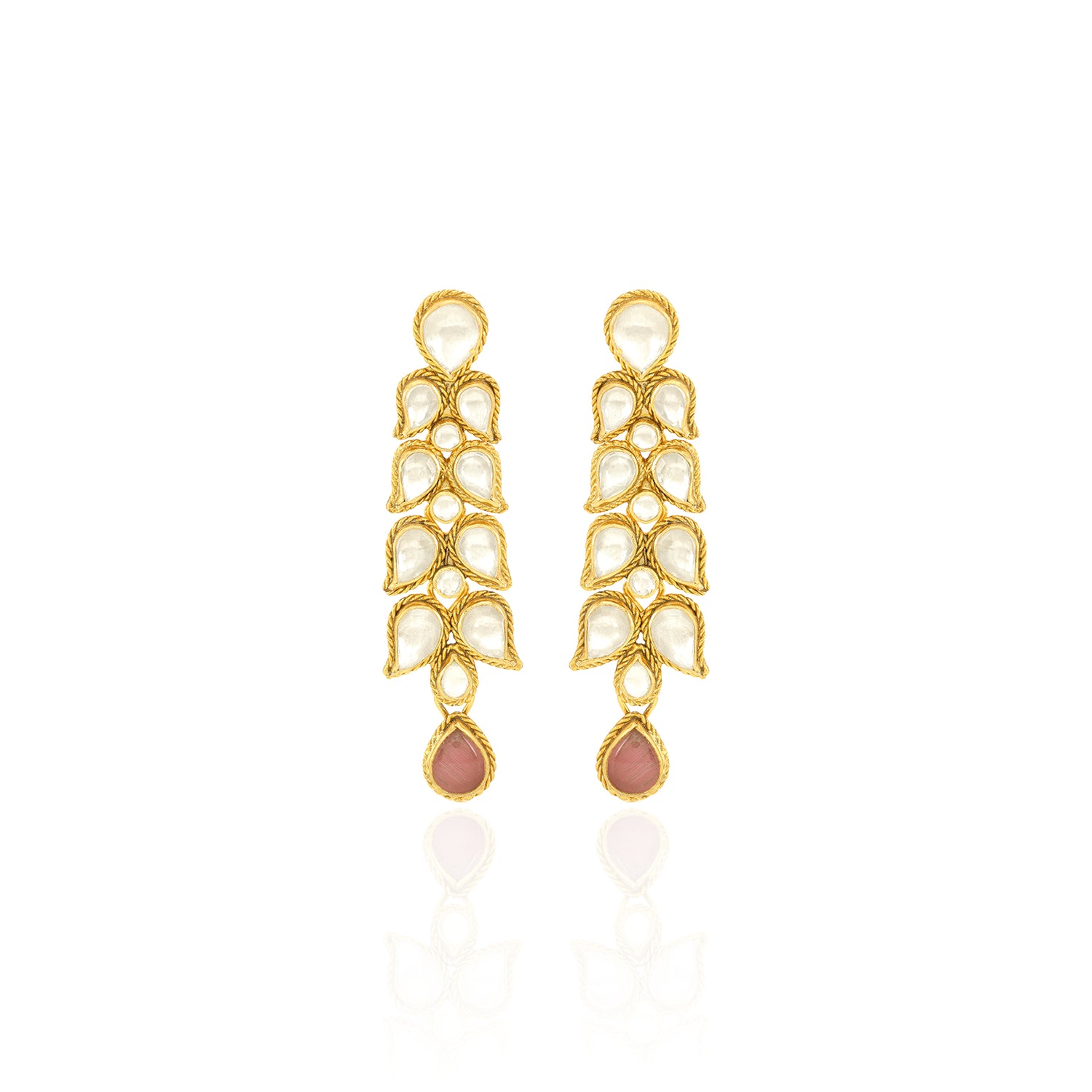 Gold earrings with pearl-like stones on a white background