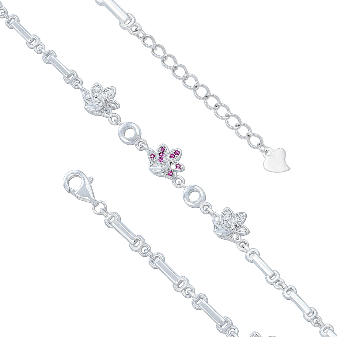 925 Sterling Silver Elegant Pink Flower and Leaf Link Bracelet for Women