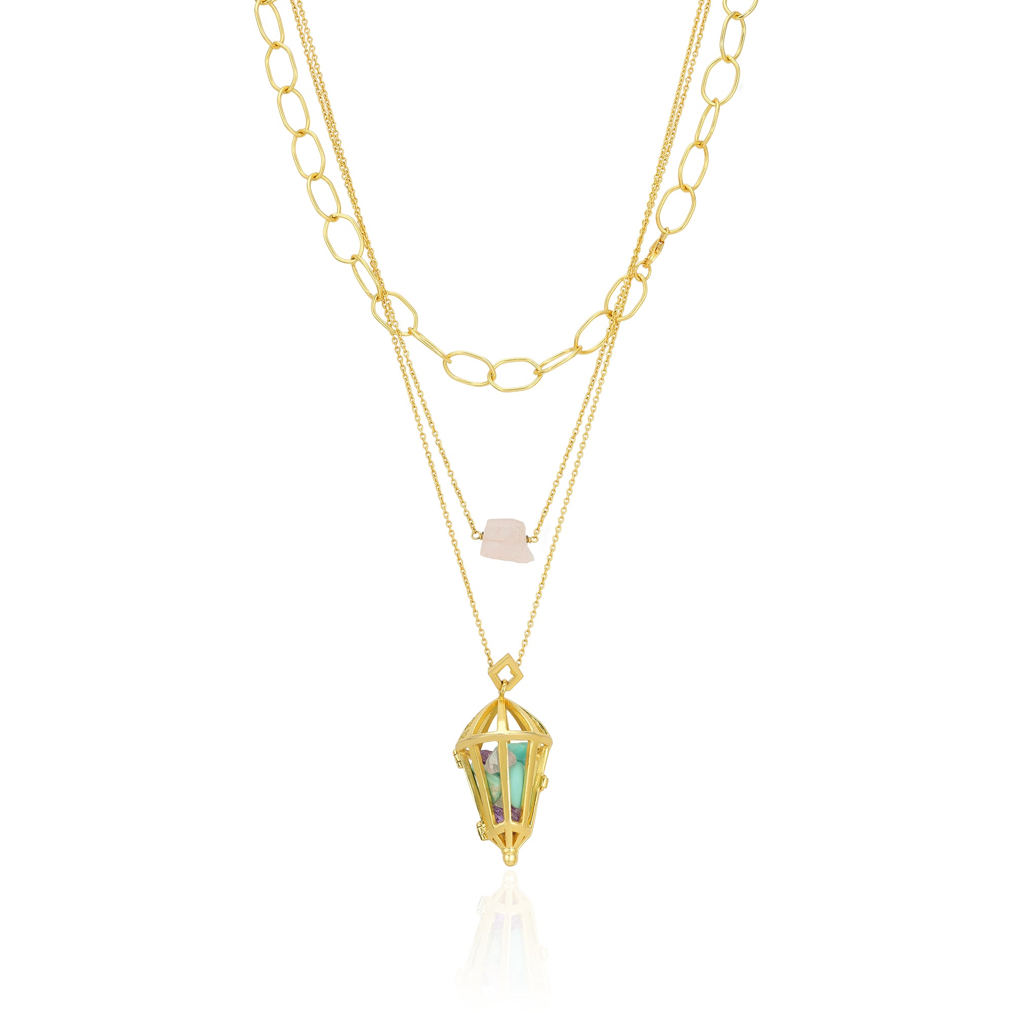 Gold necklace with a pendant on a white background