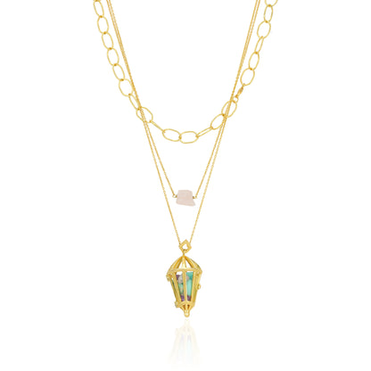 Gold necklace with a pendant on a white background